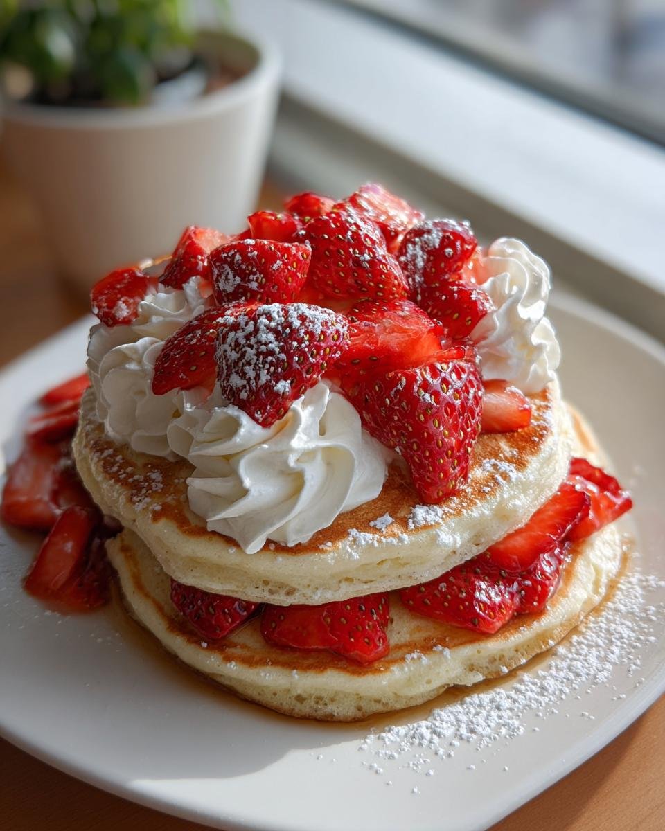 Ein Stapel fluffiger Strawberry Shortcake Pancakes, belegt mit frischen Erdbeeren und Schlagsahne, best&auml;ubt mit Puderzucker.