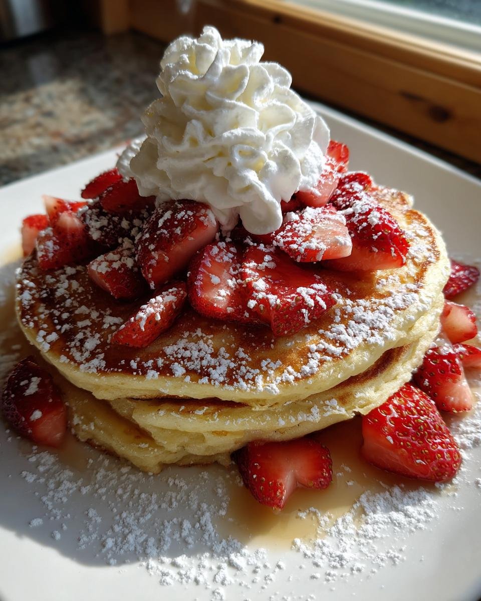 Ein Stapel fluffiger Strawberry Shortcake Pancakes, bedeckt mit frischen Erdbeerscheiben, Puderzucker und Schlagsahne.