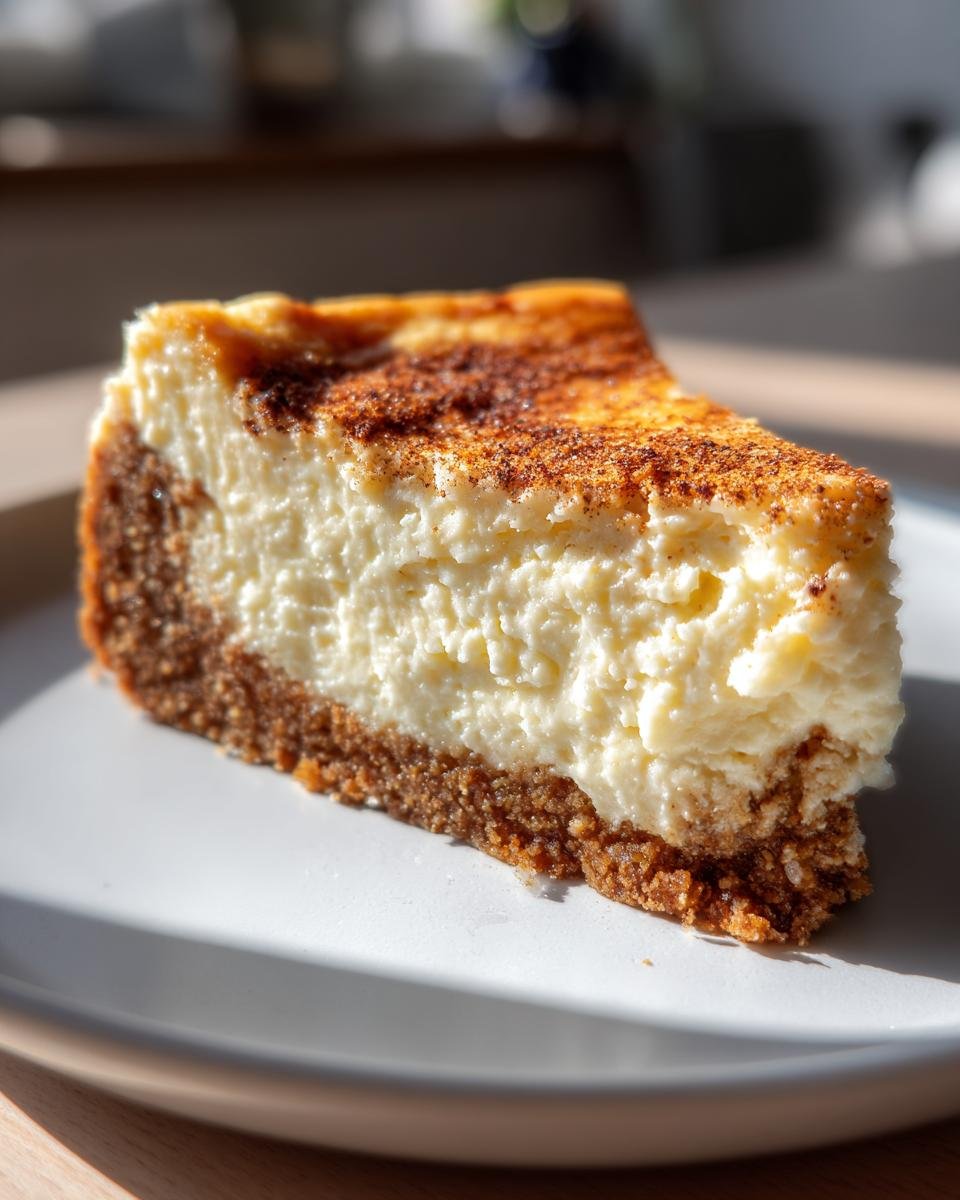 Nahaufnahme eines cremigen Stücks Cheesecake mit dunklem Boden, bestreut mit Zimt, ideal für Christmas Cheesecake Recipes.