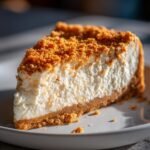 Nahaufnahme eines cremigen St&uuml;cks Christmas Cheesecake mit knusprigem Keksboden und Streuseln.