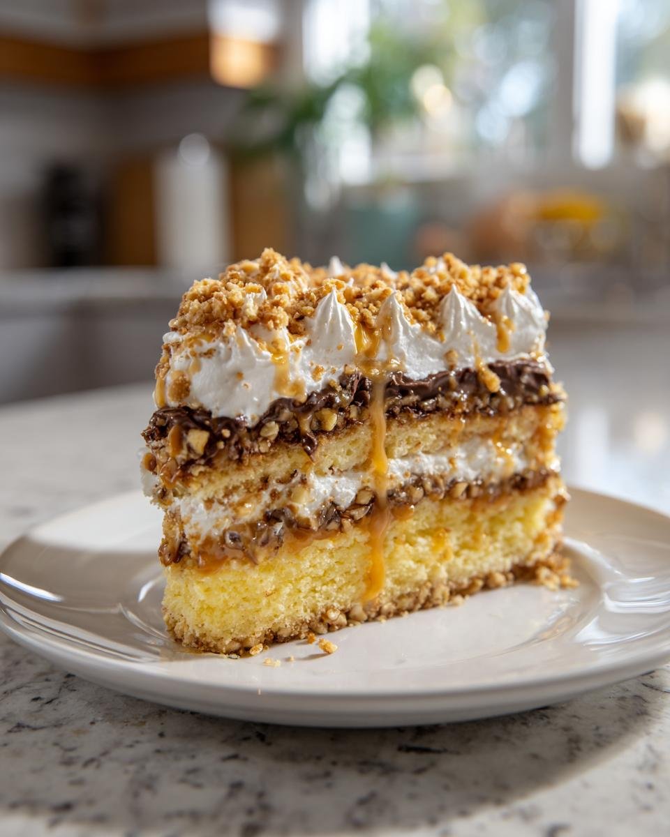 Ein gro&szlig;es St&uuml;ck Heath Bar Cake mit mehreren Schichten Biskuit, Creme, Schokolade und Karamell, garniert mit N&uuml;ssen.