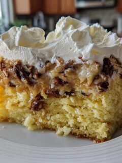 Nahaufnahme eines Stücks Heath Bar Cake mit saftigem Boden, Karamell-Nuss-Schicht und viel Schlagsahne.