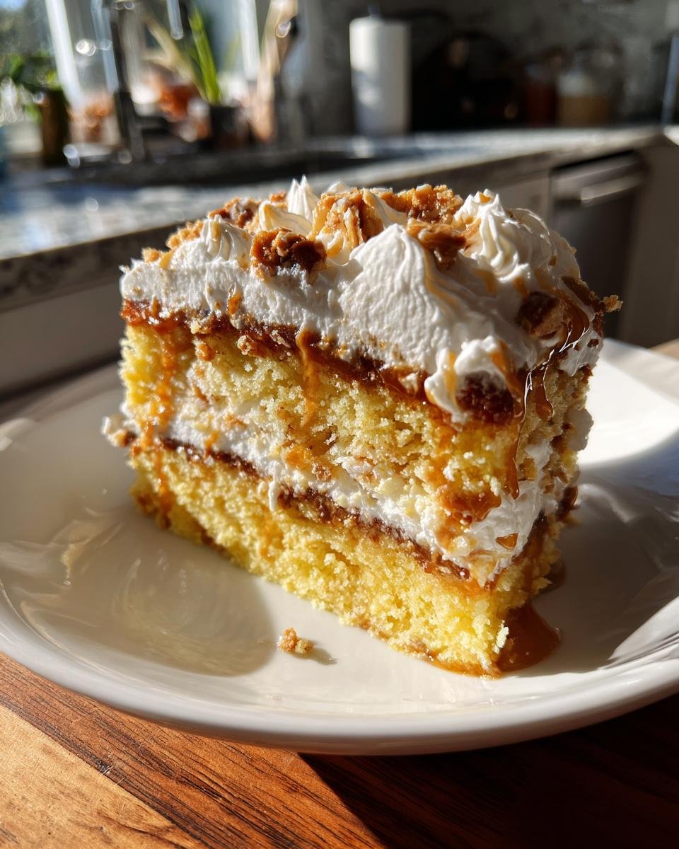Nahaufnahme eines saftigen St&uuml;cks Heath Bar Cake mit Schichten aus hellem Kuchen, Karamell und Schlagsahne.
