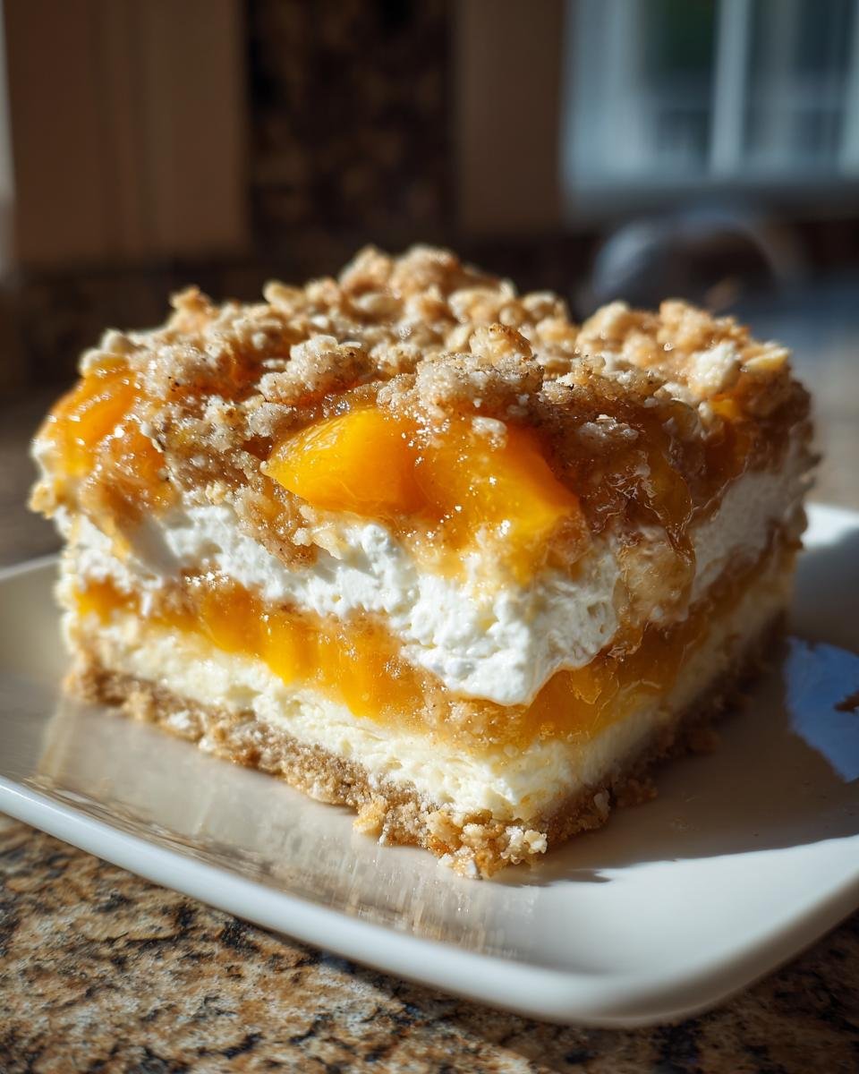Ein Schichtst&uuml;ck Peach Cobbler Cheesecake mit Keksboden, Creme und Pfirsichf&uuml;llung, bedeckt mit Streuseln.