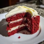 Nahaufnahme eines St&uuml;cks Red Velvet Cake With Cream Cheese Frosting mit drei roten Schichten und wei&szlig;er Creme.