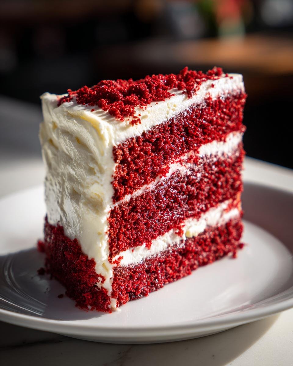 Ein saftiges St&uuml;ck Red Velvet Cake With Cream Cheese Frosting mit drei roten Schichten und wei&szlig;er Creme.