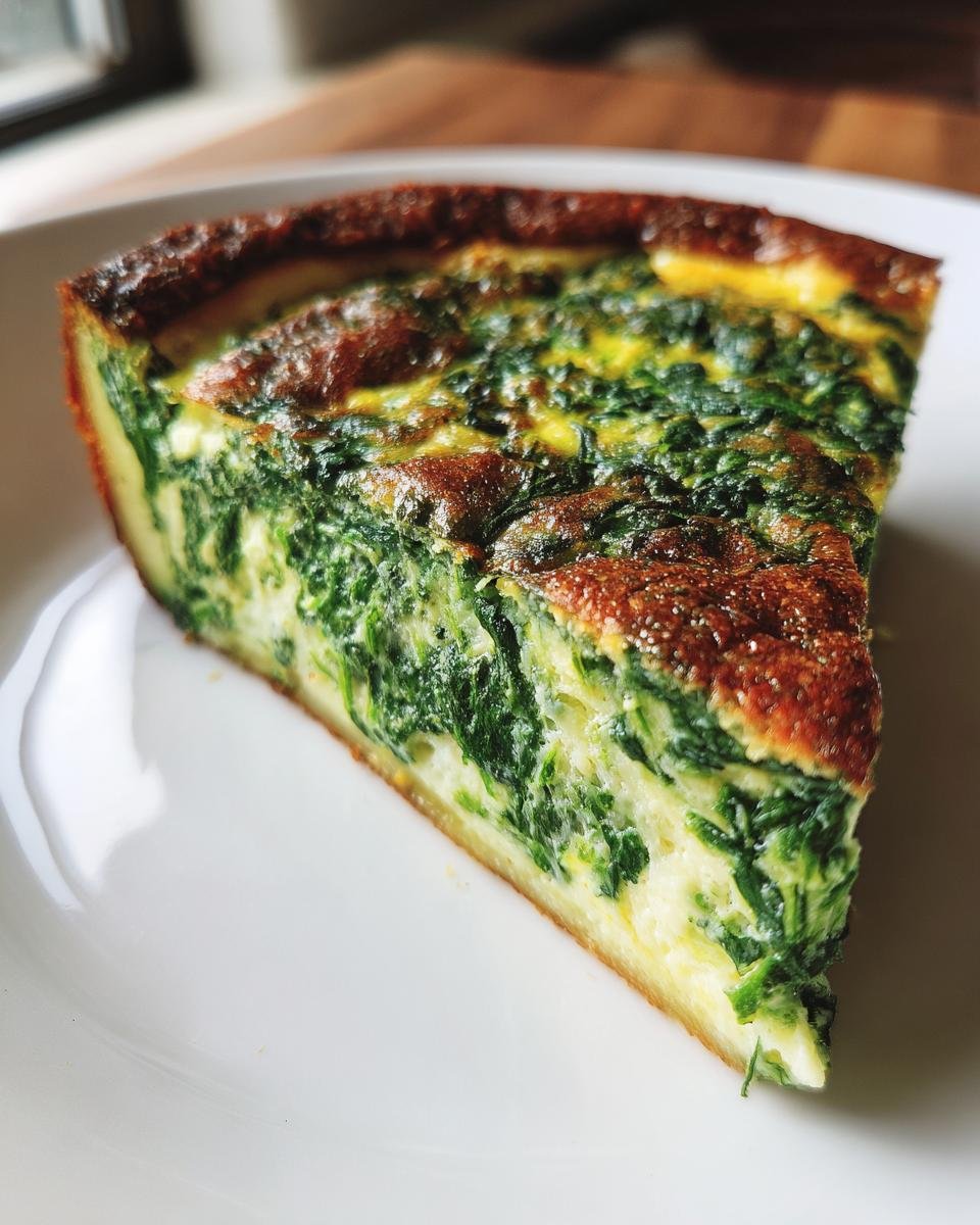 Nahaufnahme eines St&uuml;cks cremiger Spinach Quiche mit viel gr&uuml;nem Spinat auf einem wei&szlig;en Teller.