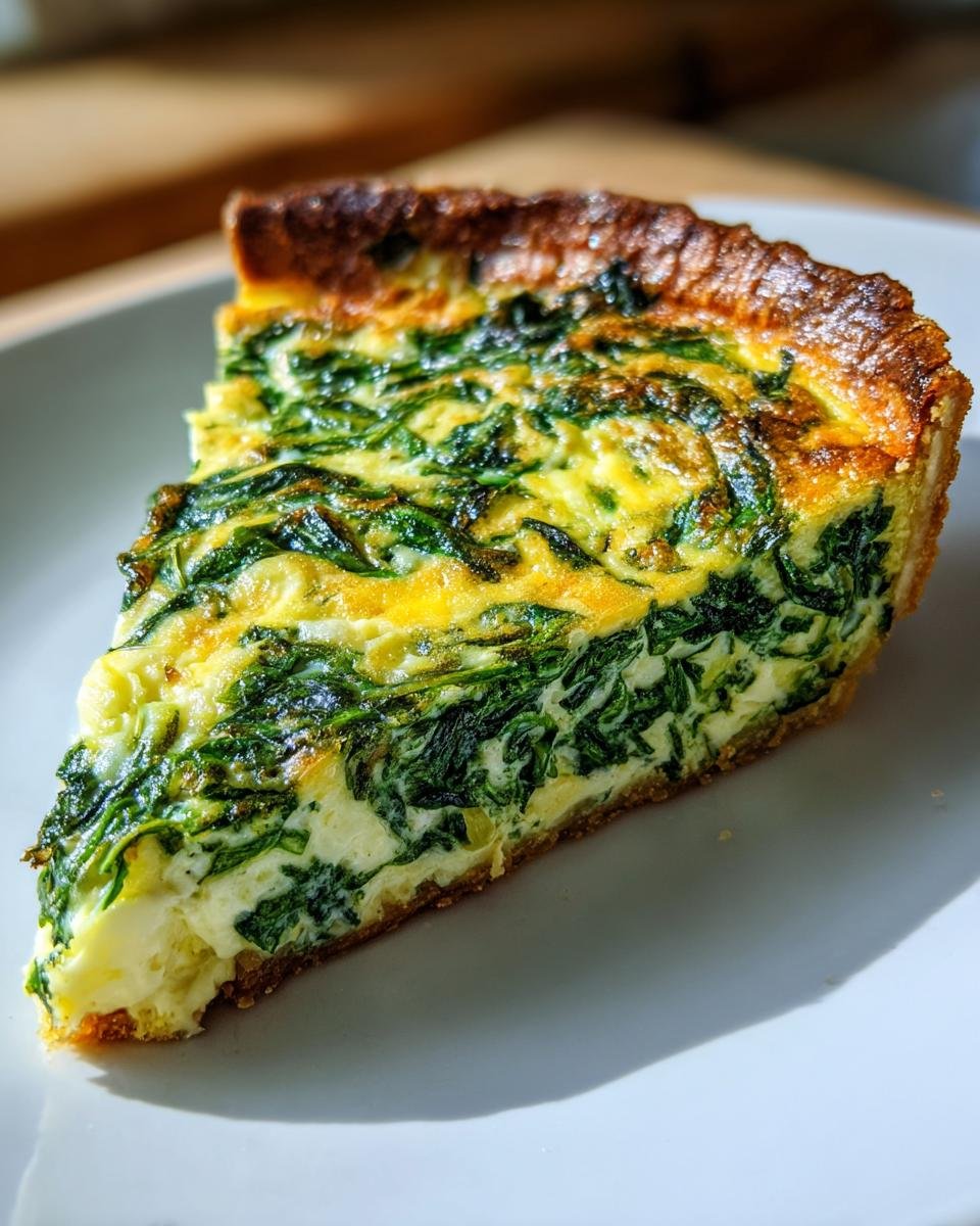 Nahaufnahme eines perfekt gebackenen St&uuml;cks Spinat Quiche auf einem wei&szlig;en Teller, reich an gr&uuml;nem Spinat.