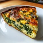 Nahaufnahme eines dreieckigen St&uuml;cks Spinat Quiche mit viel gr&uuml;nem Spinat und goldbraun gebackener Eierf&uuml;llung.