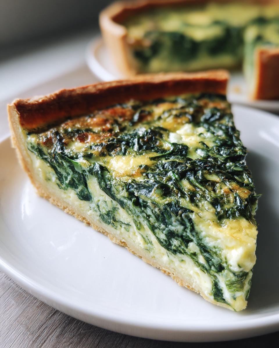 Nahaufnahme eines dreieckigen St&uuml;cks Spinat Quiche mit gr&uuml;nem Spinat und cremiger F&uuml;llung auf einem wei&szlig;en Teller.