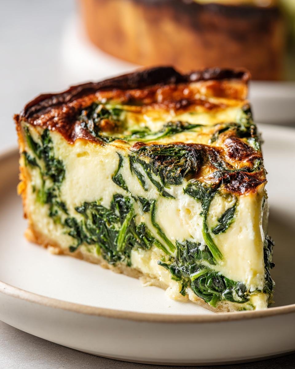 Nahaufnahme eines cremigen St&uuml;cks Spinat Quiche mit viel gr&uuml;nem Spinat auf einem hellen Teller.
