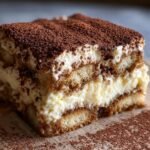 Nahaufnahme eines cremigen St&uuml;cks Tiramisu mit L&ouml;ffelbiskuits und reichlich Kakaopulver obenauf.