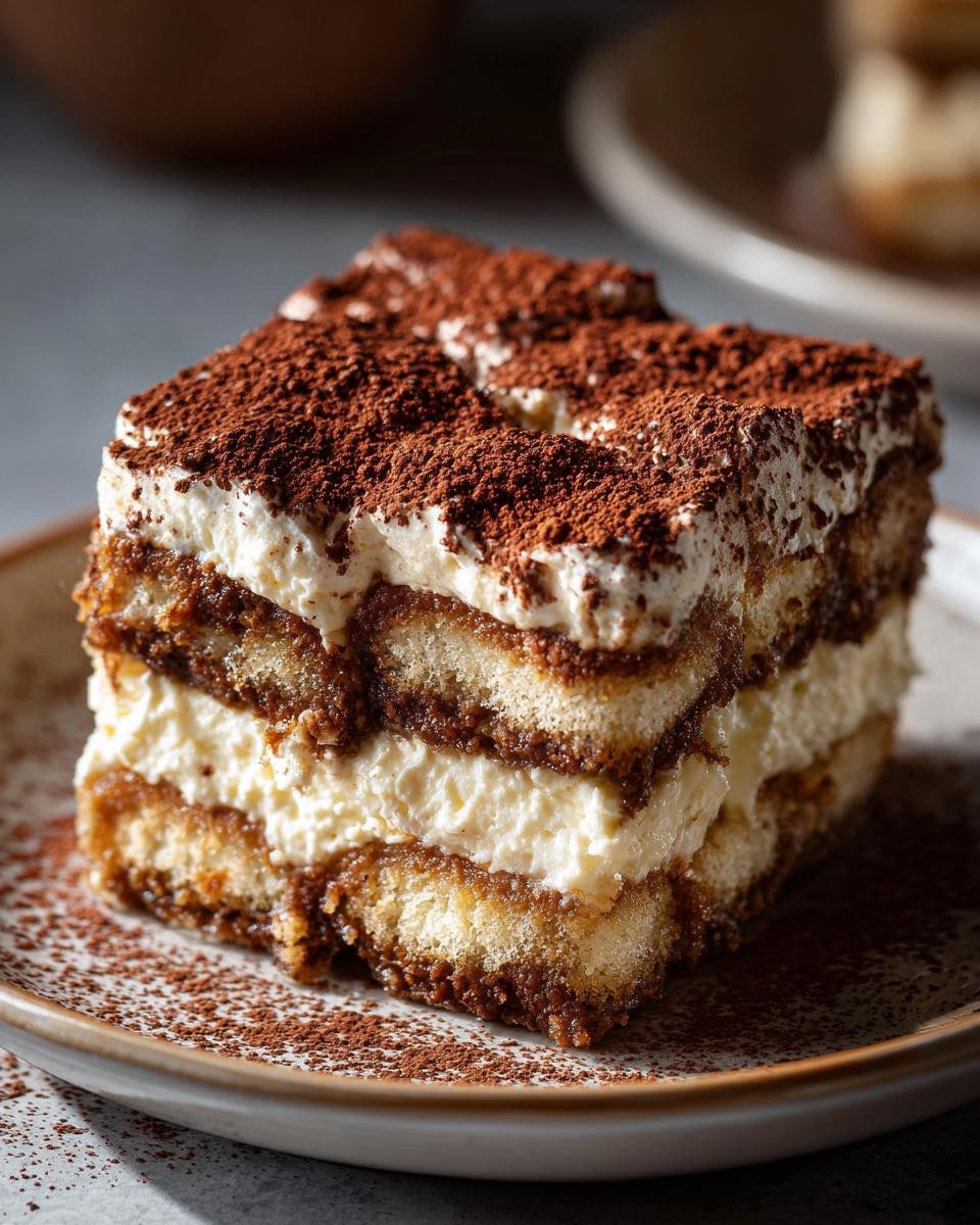 Nahaufnahme eines cremigen St&uuml;cks Tiramisu mit Schichten aus L&ouml;ffelbiskuits und Mascarponecreme, gro&szlig;z&uuml;gig mit Kakaopulver best&auml;ubt.