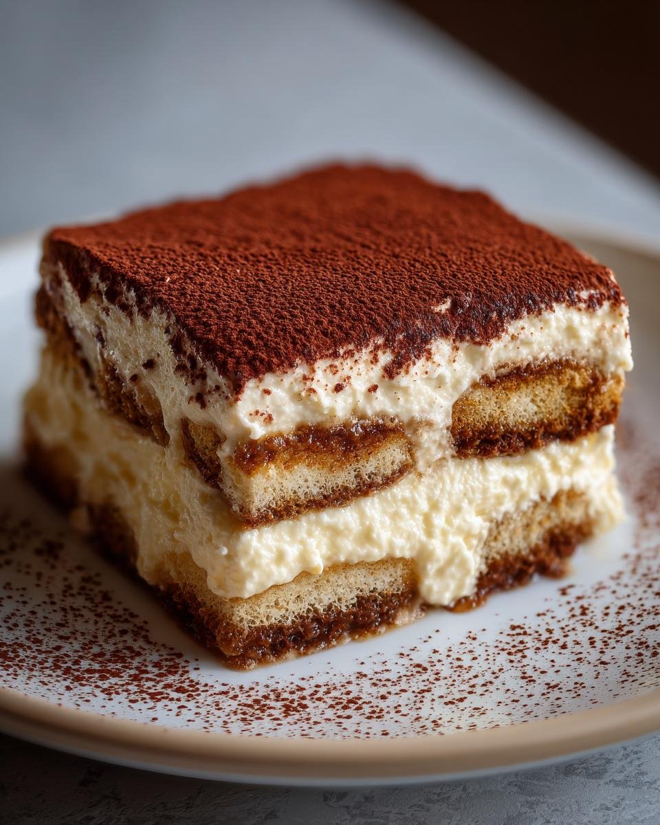 Nahaufnahme eines cremigen St&uuml;cks Tiramisu mit Kakaopulver best&auml;ubt auf einem Teller.