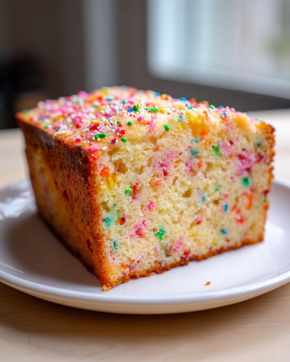 Ein dickes St&uuml;ck Vanilla Yogurt Cake With Sprinkles auf einem wei&szlig;en Teller, mit bunten Streuseln.
