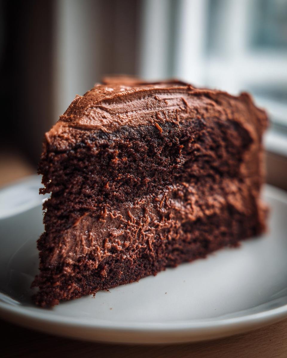 Nahaufnahme eines dicken St&uuml;cks Vegan Chocolate Cake mit reichhaltiger Schokoladencreme-F&uuml;llung und dunklem Frosting.
