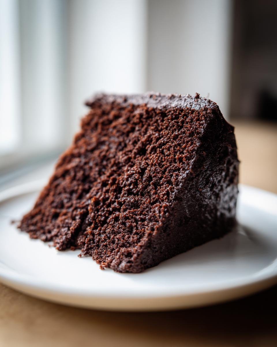 Nahaufnahme eines St&uuml;cks saftiger, dunkler Vegan Chocolate Cake auf einem wei&szlig;en Teller.