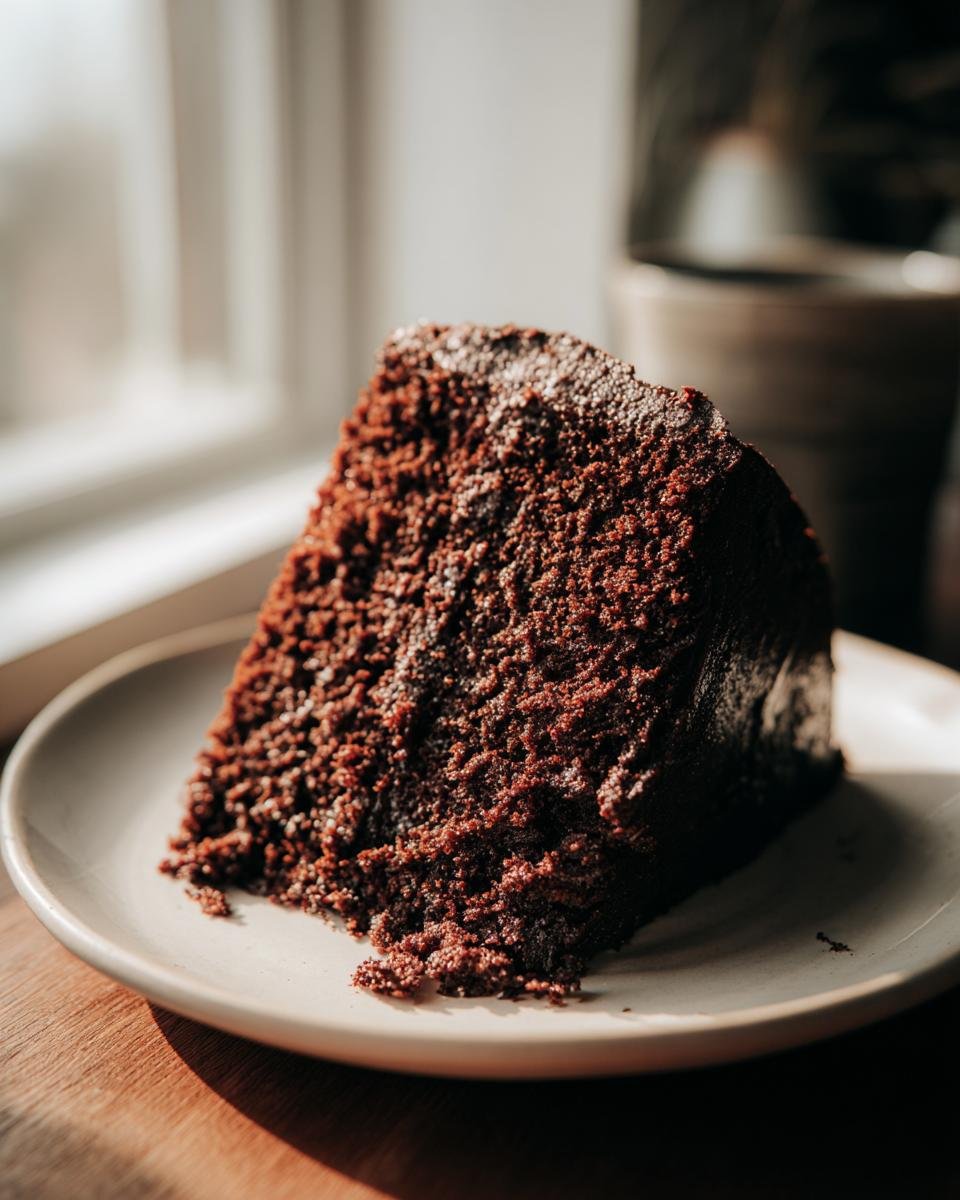 Ein St&uuml;ck dunkler, saftiger Vegan Chocolate Cake auf einem hellen Teller, beleuchtet durch Sonnenlicht.