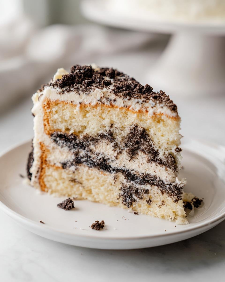 Nahaufnahme eines St&uuml;cks Vegan Vanilla Oreo Cake mit hellen B&ouml;den und dunklen Keksst&uuml;cken.