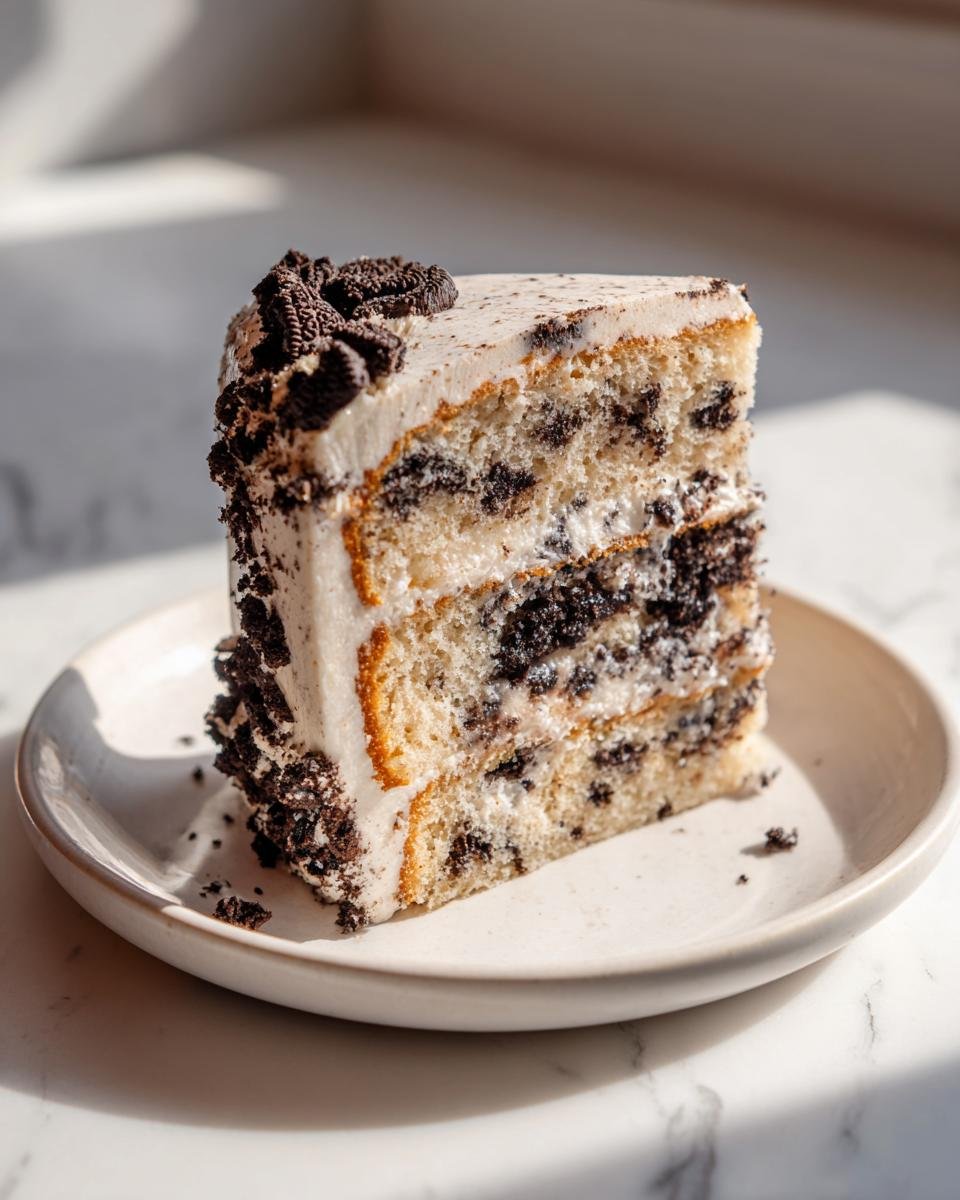Ein gro&szlig;es St&uuml;ck Vegan Vanilla Oreo Cake mit drei Schichten hellem Biskuit und dunklen Oreo-St&uuml;ckchen in der F&uuml;llung.