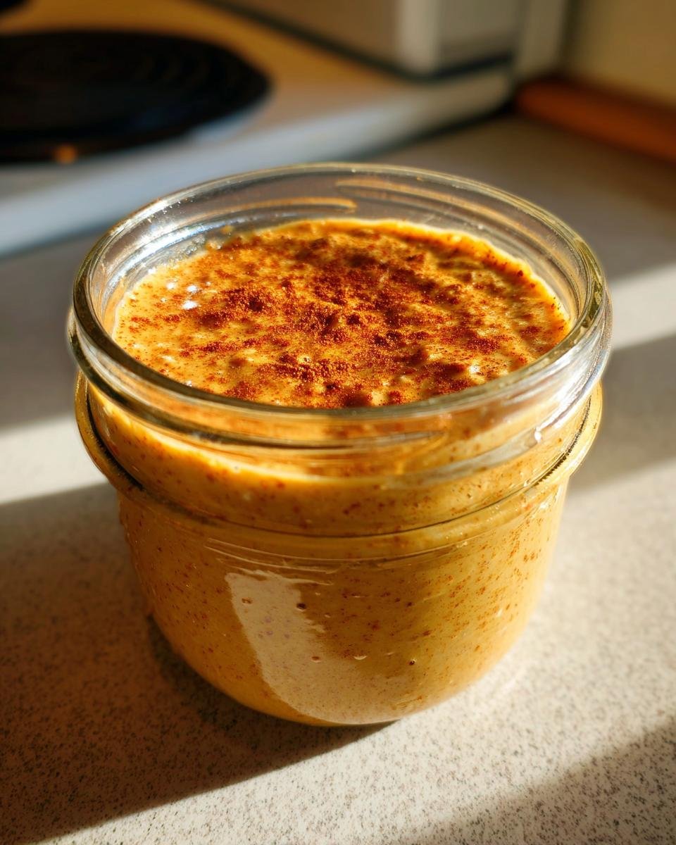 Cremige Sweet Potato Pie Overnight Oats mit Zimt bestreut in einem kleinen Glas.