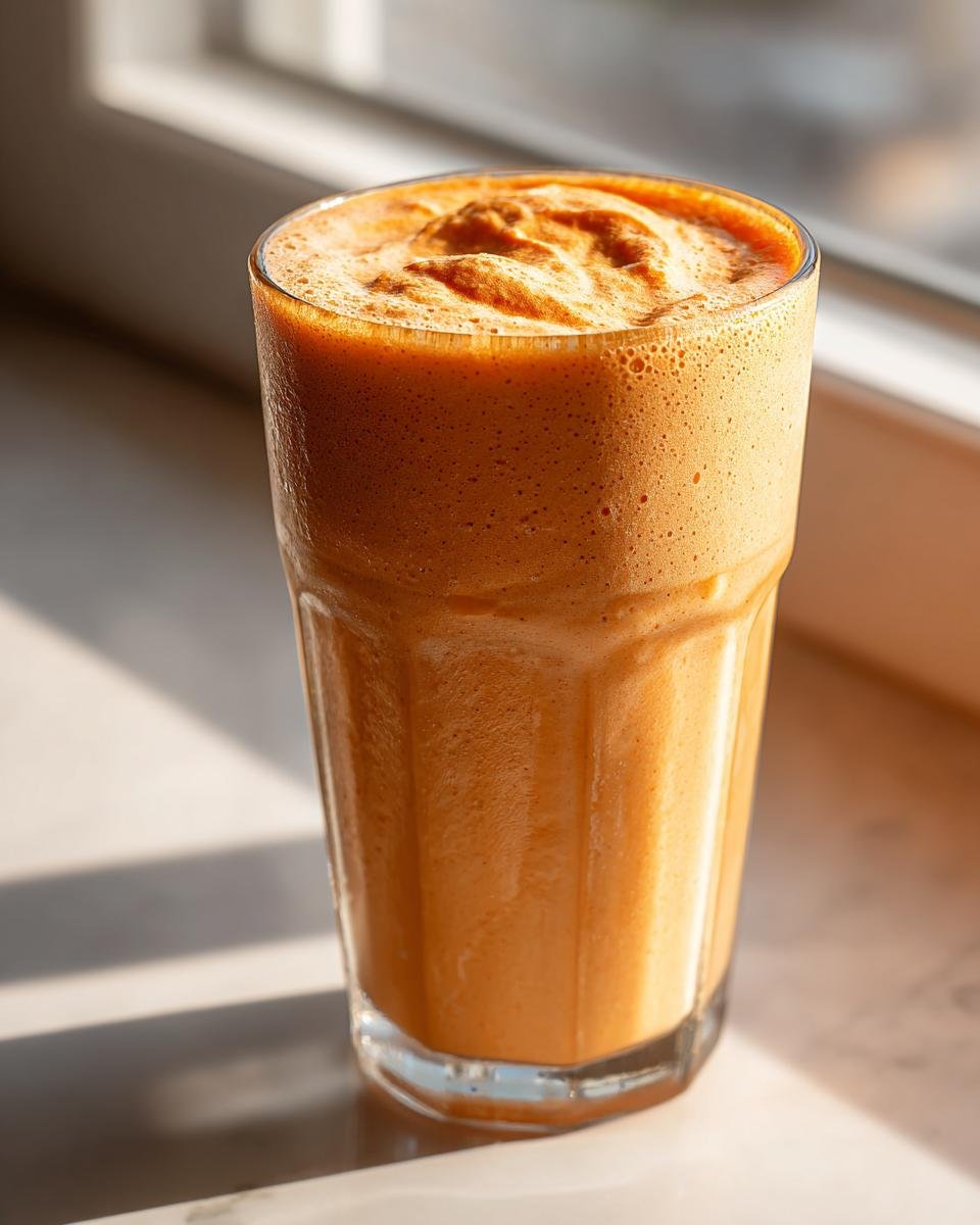 Nahaufnahme eines cremigen, orangefarbenen Sweet Potato Pie Smoothie in einem hohen Glas am Fenster.