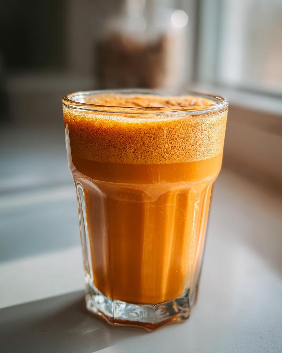 Ein cremiger, oranger Sweet Potato Pie Smoothie mit Schaumkrone in einem Glas.
