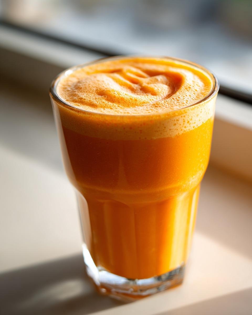 Nahaufnahme eines leuchtend orangefarbenen Sweet Potato Pie Smoothie mit Schaumkrone im Glas.