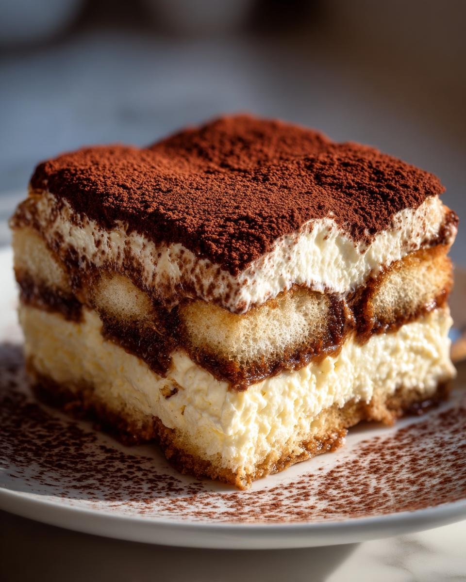 Ein saftiges St&uuml;ck Tiramisu mit L&ouml;ffelbiskuits, Creme und Kakaopulver auf einem Teller.