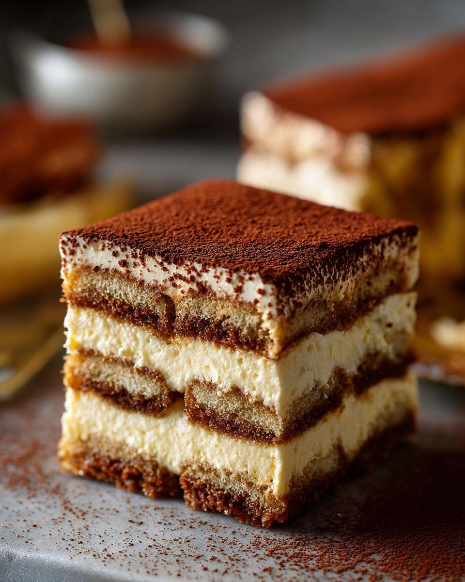 Nahaufnahme eines perfekten St&uuml;cks Tiramisu mit Schichten aus Creme und getr&auml;nkten L&ouml;ffelbiskuits, best&auml;ubt mit Kakaopulver.