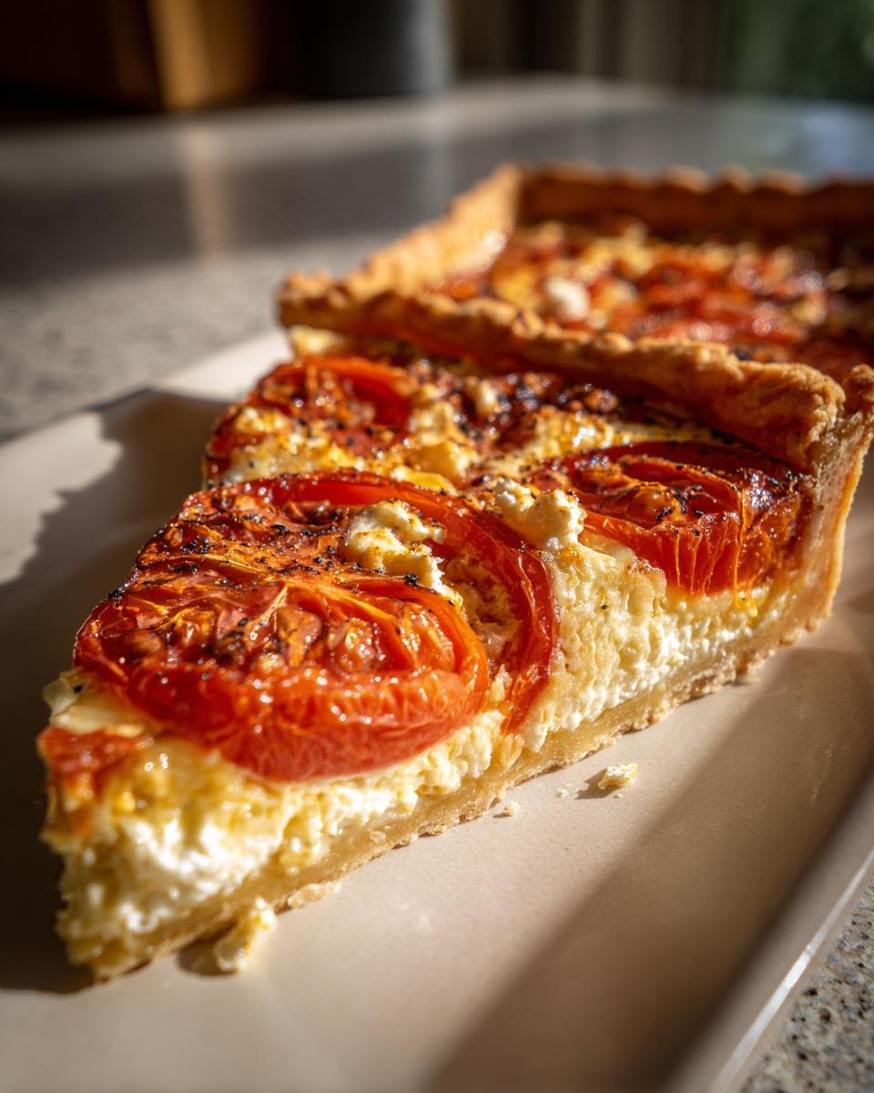 Nahaufnahme eines dicken St&uuml;cks Tomaten Tart mit knusprigem Boden und cremiger F&uuml;llung.
