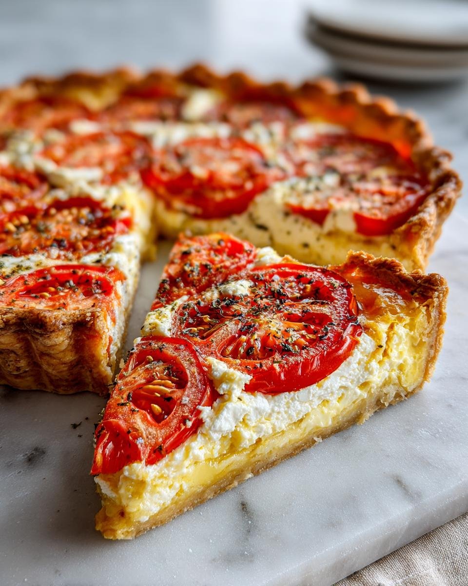 Ein angeschnittenes St&uuml;ck Tomato Tart mit Tomatenscheiben und wei&szlig;em K&auml;se auf einem Marmorteller.