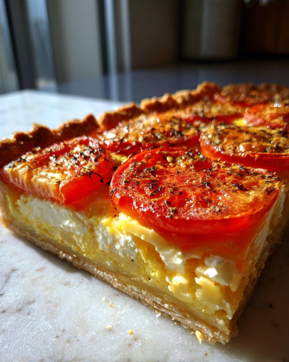 Nahaufnahme eines St&uuml;cks Tomato Tart mit goldbraunem Boden, cremiger F&uuml;llung und belegten Tomatenscheiben.