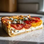 Nahaufnahme eines St&uuml;cks Tomato Tart mit roten und gelben Tomaten, cremiger F&uuml;llung und zerbr&ouml;seltem K&auml;se.