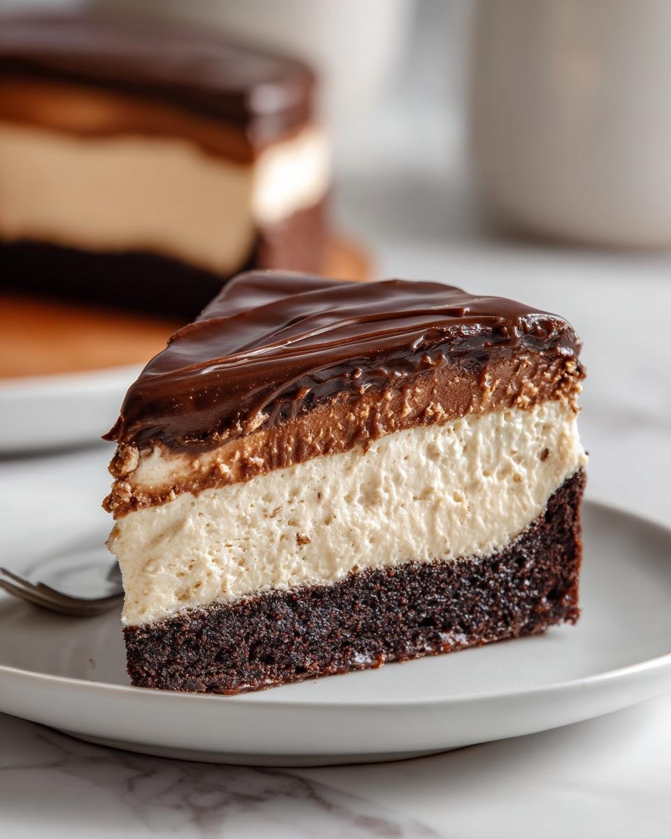 Ein Anschnittst&uuml;ck des himmlischen Turtle Pie mit dunklem Boden, heller Creme und Schokoladen&uuml;berzug.