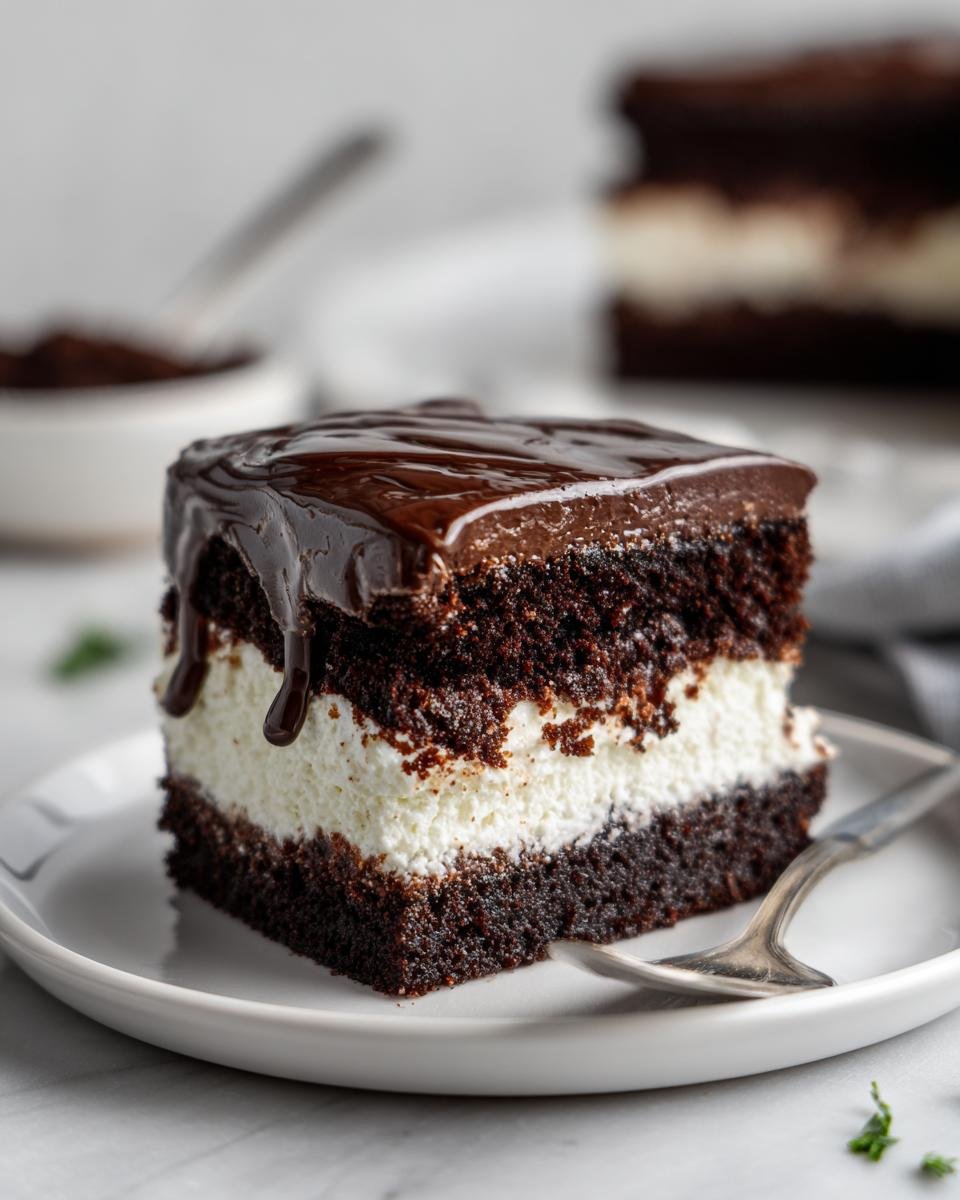 Nahaufnahme eines Schokoladenkuchens mit dicker wei&szlig;er Creme-F&uuml;llung, bekannt als Turtle Pie, bedeckt mit gl&auml;nzender Schokoladenganache.