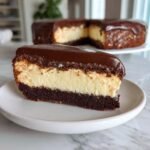 Ein St&uuml;ck Turtle Pie mit dunklem Schokoladenboden, cremiger F&uuml;llung und gl&auml;nzender Schokoladenglasur.