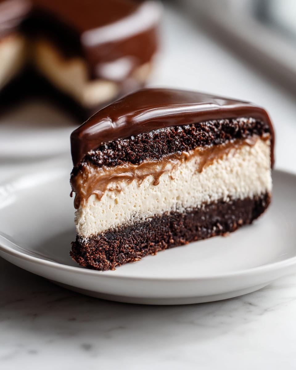 Ein angeschnittenes St&uuml;ck Turtle Pie mit dunklem Schokoladenboden, heller Creme und Karamellschicht, bedeckt mit gl&auml;nzender Schokoladenglasur.