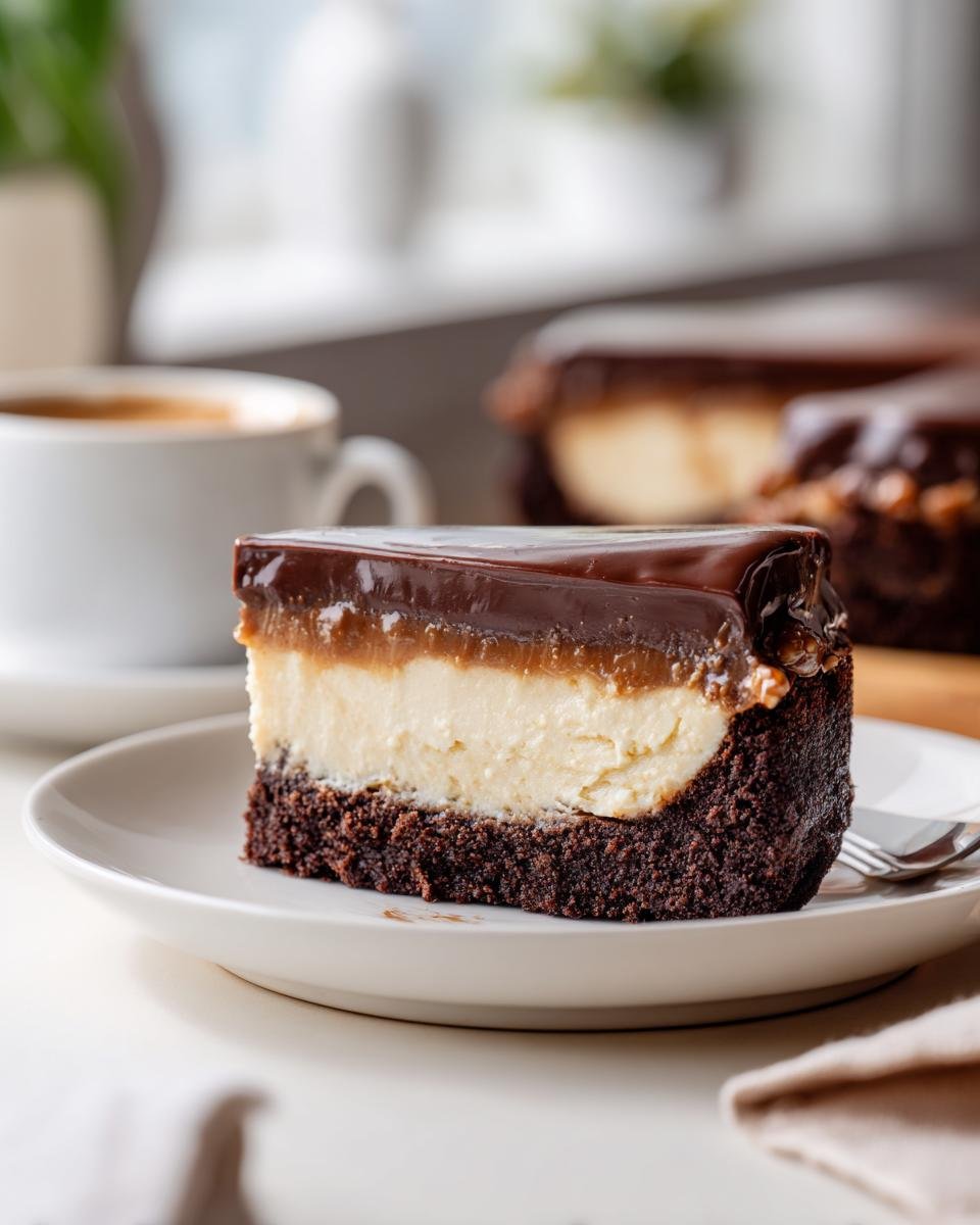 Ein St&uuml;ck cremiger Turtle Pie mit Schokoladenboden, Karamell und gl&auml;nzender Schokoladenglasur.