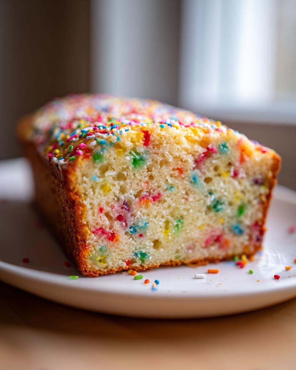 Nahaufnahme eines angeschnittenen Vanilla Yogurt Cake With Sprinkles mit bunten Streuseln.
