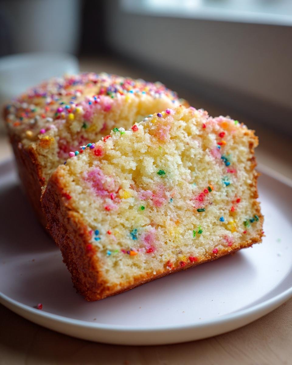 Nahaufnahme eines angeschnittenen Vanilla Yogurt Cake With Sprinkles mit bunten Streuseln auf einem Teller.