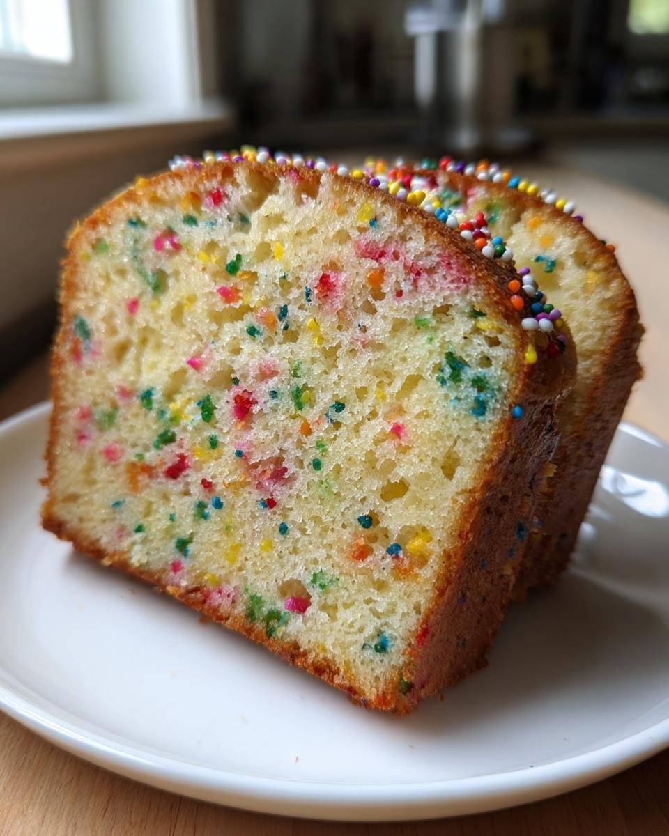 Nahaufnahme von zwei Scheiben Vanilla Yogurt Cake With Sprinkles auf einem wei&szlig;en Teller.