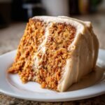 Nahaufnahme eines St&uuml;cks Vegan Carrot Cake With Chai Cream Cheese Frosting auf einem wei&szlig;en Teller.