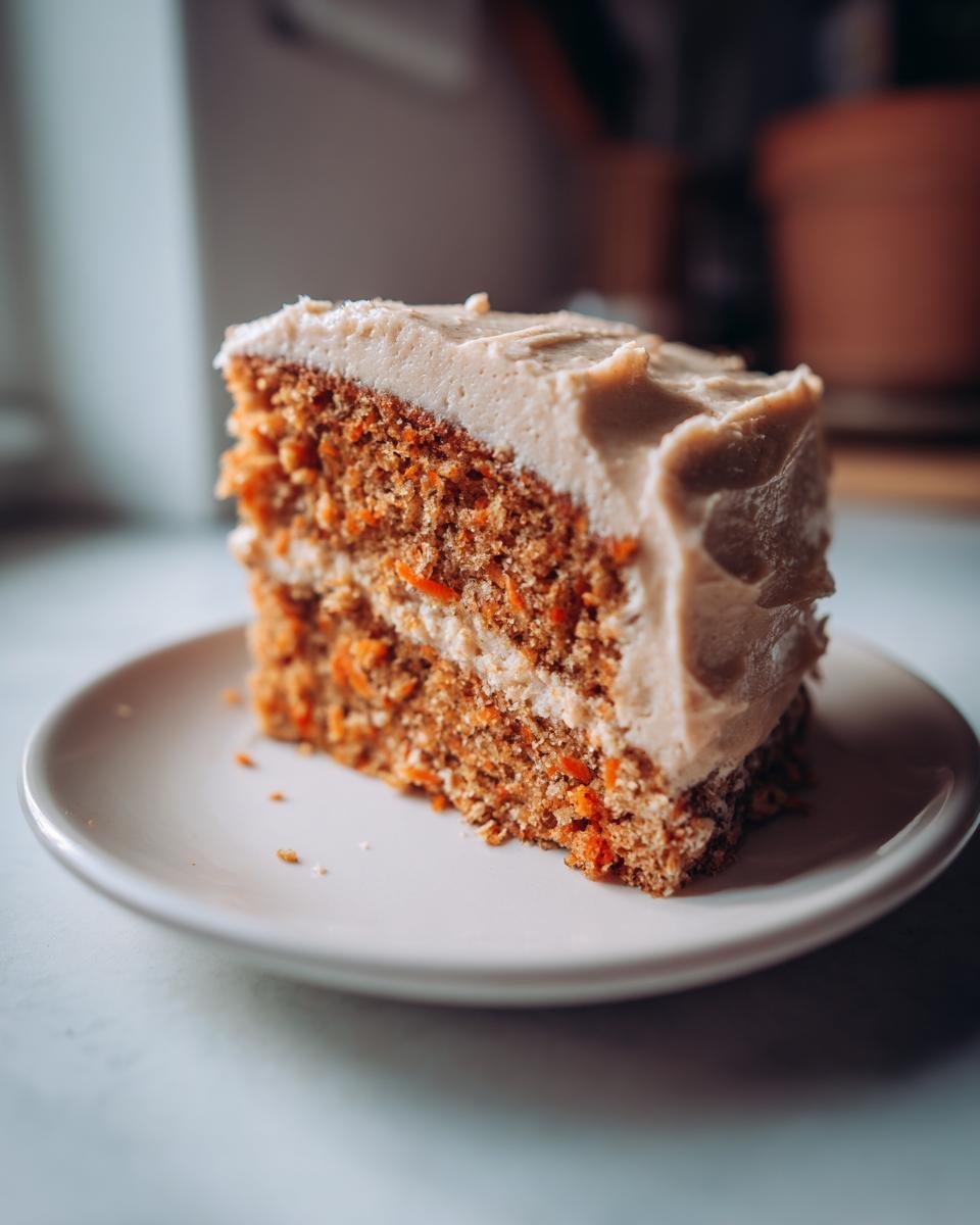 Nahaufnahme eines St&uuml;cks Vegan Carrot Cake With Chai Cream Cheese Frosting auf einem wei&szlig;en Teller.
