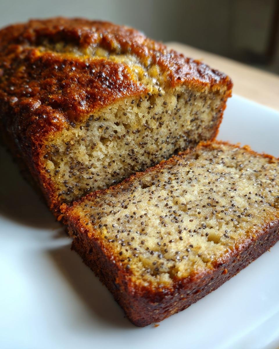 Angeschnittenes St&uuml;ck Vegan Chia Samen Ahornsirup Bananenbrot mit dunkler Kruste auf einem wei&szlig;en Teller.