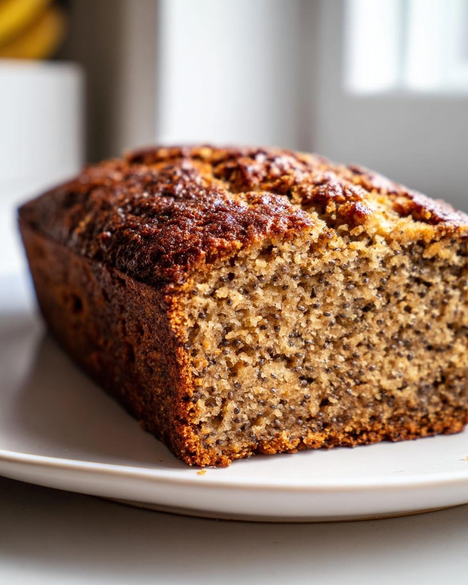 Nahaufnahme eines Laibs Vegan Chia Samen Ahornsirup Bananenbrot mit dunkler Kruste auf einem wei&szlig;en Teller.