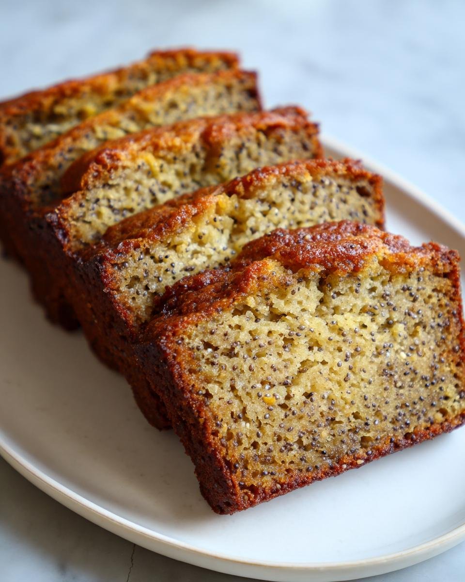 Aufgeschnittenes Vegan Chia Samen Ahornsirup Bananenbrot mit dunkler Kruste auf einem wei&szlig;en Teller.