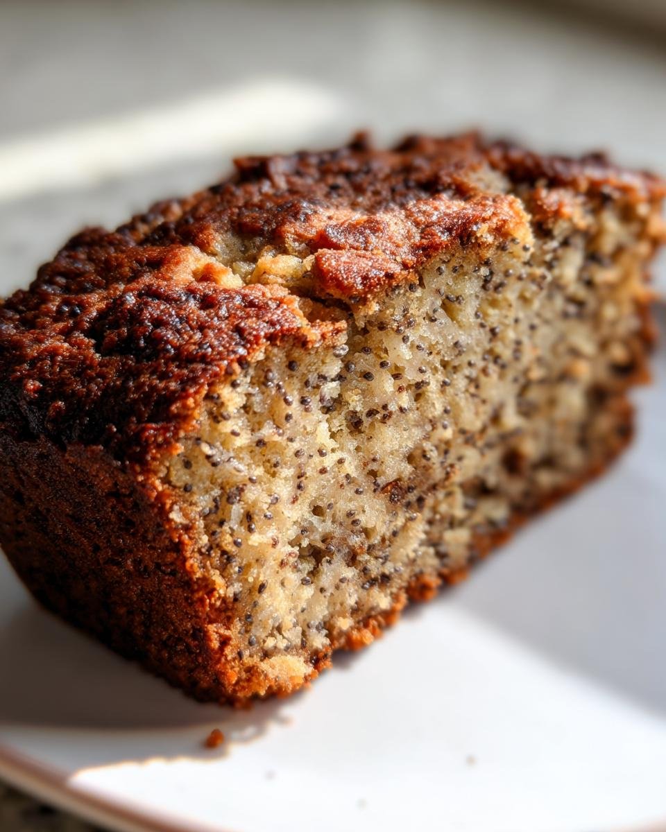 Nahaufnahme eines saftigen St&uuml;cks Vegan Chia Samen Ahornsirup Bananenbrot mit dunkler Kruste.