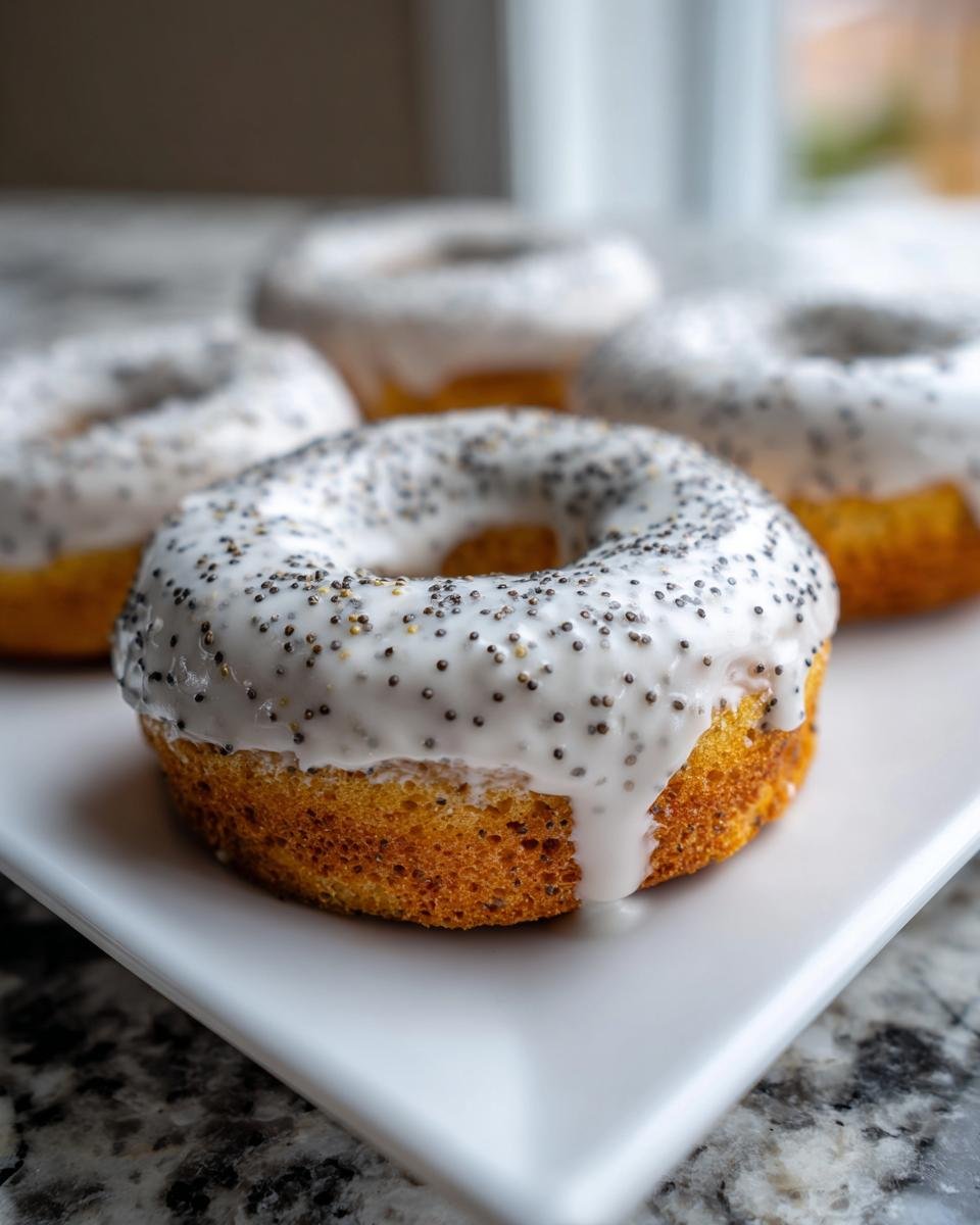 Nahaufnahme eines Vegan Lemon Poppyseed Donuts mit dicker wei&szlig;er Zitronenglasur und Mohnsamen.
