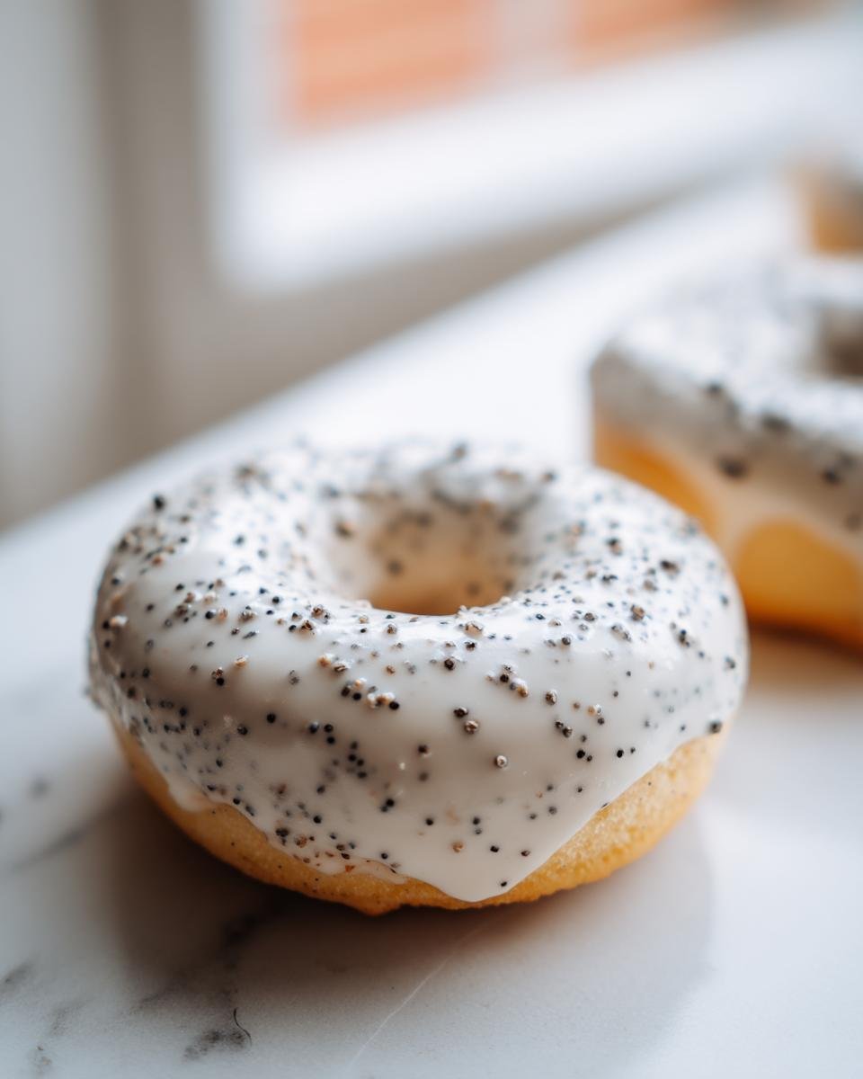 Nahaufnahme eines Vegan Lemon Poppyseed Donuts mit wei&szlig;em Zitronenguss und Mohnsamen.